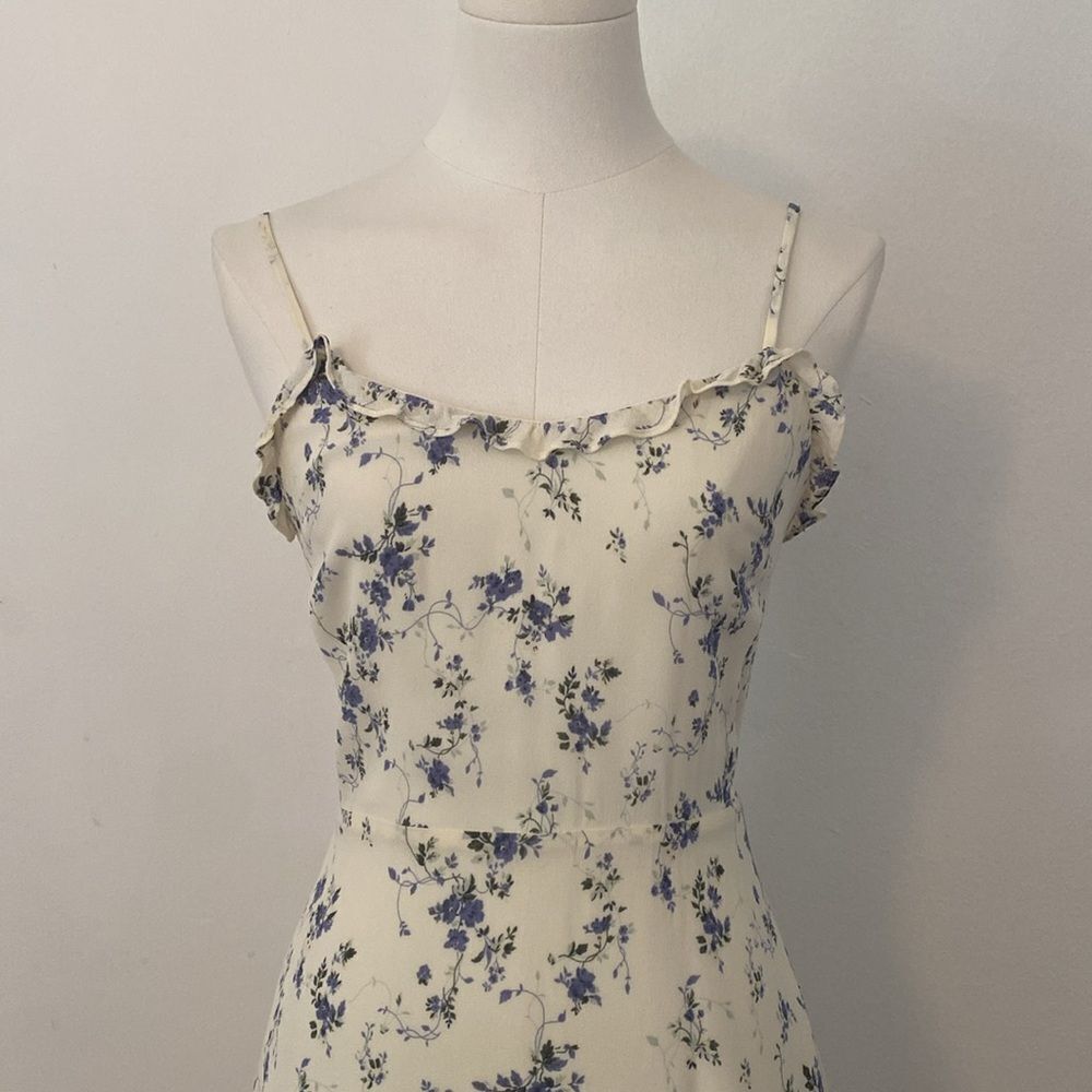 Reformation Light Cream & Blue Floral Mini Dress with Ruffle Neckline Size 4 - Picture 3 of 13